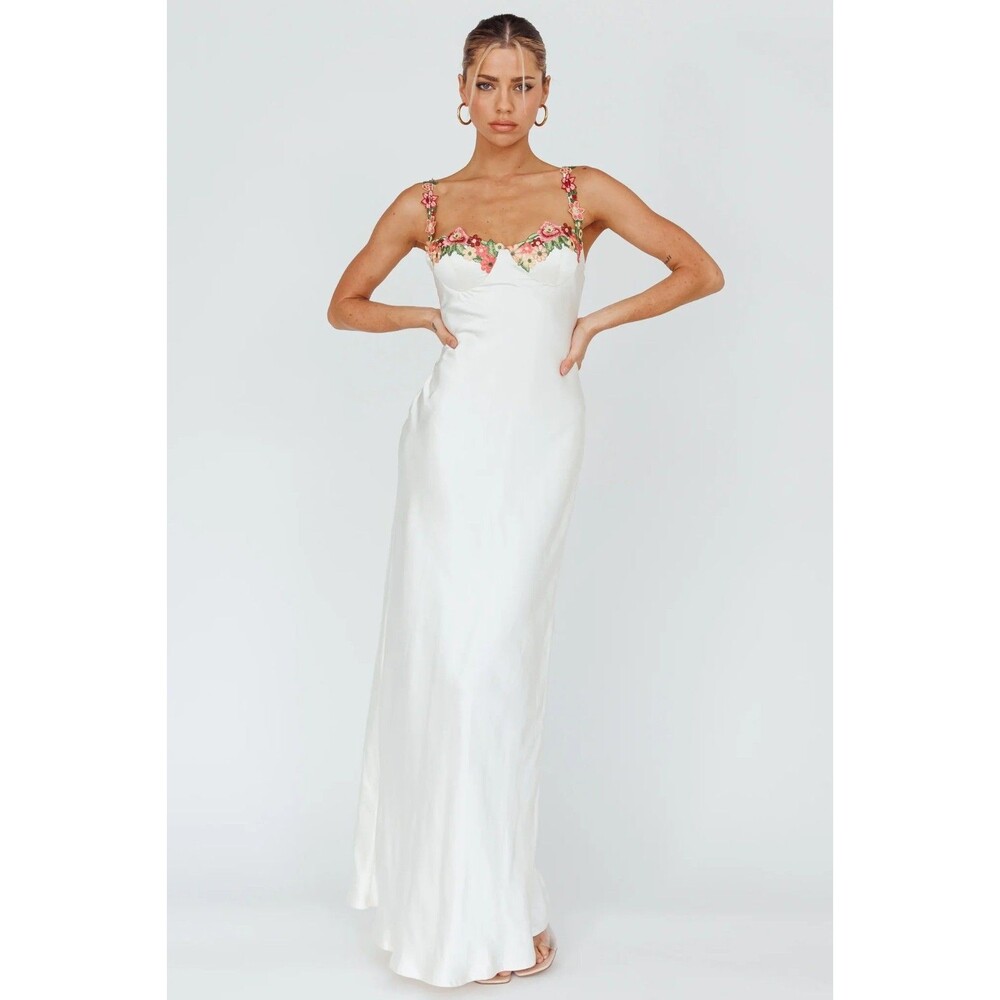 Angel Biba Floral Applique Midi Dress Oyster Bridal Wedding Size L Wedding